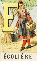 E : Écolière - Gravure extraite de ABCD des petites filles. Pellerin & Cie, imprimeur-éditeur, Épinal, vers 1890. Série A.