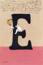 E comme enlacer, embrasser - Alphabet enfants. C. M. éditeur, Paris. Cartes postales peintes à la main, affranchies en 1904. Dimensions : 14 x 9 cm