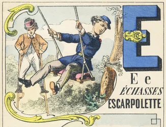 E : échasses, escarpolette - Alphabet des jeux, vers 1890 (illustration)