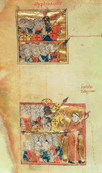 Deux miniatures montrant des croisés dirigés par Pierre l