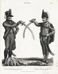 Escrime: garde ouverte en supination et garde fermée en supination, exécutées par des officiers suisses et prussiens