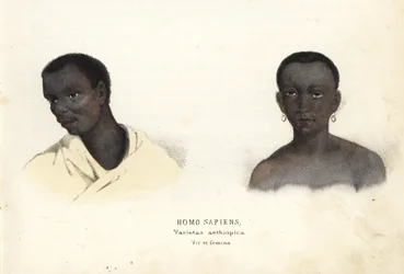 Homme et femme éthiopiens. Gravure sur acier colorée à la main de la Galerie d