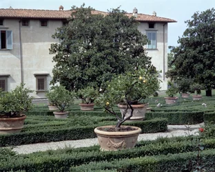 Vue extérieure de la villa Medicea di Castello et du jardin