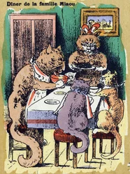 Dîner de famille miaou. Alphabet illustré. Imageries réunies à Jarville-Nancy, début du 20ème siècle. Dim: 40 x 29 cm