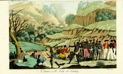 Explorateurs français dessinant des indigènes sur l