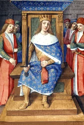 Le roi de France Louis IX (Saint Louis, 1214-1270, roi de 1226 à 1270) sur son trône, enluminure française
