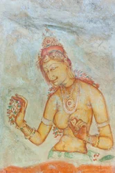 Fresque ; femme seins nus avec des fleurs ; Apsara ; Site du patrimoine mondial de l