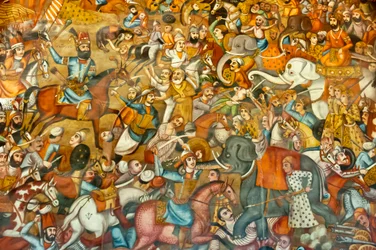 Fresque ; bataille ; bataille de Nadir Shah à la bataille de Karnal ; 1739 ; sur un cheval ; contre le sultan Mohammed Shah Gurkani sur un éléphant blanc ; Chehel Sotoun ; Palais des Quarante Colonnes ; Ispahan ; Iran ; Asie