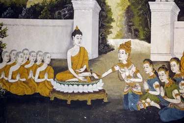 Fresque représentant une scène de la vie du Bouddha dans Wat Phra Doi Suthep, Chiang Mai. Bouddha recevant des aumônes. Thaïlande