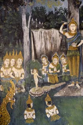 Fresque représentant une scène de la vie du Bouddha dans Wat Phra Doi Suthep, Chiang Mai. Thaïlande. Bouddha enfant