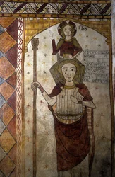 Fresque de la Tour Ferrande à Pernes-les-Fontaines (Pernes les Fontaines, Vaucluse (84) du 13e siècle : Saint Christophe portant le Christ.