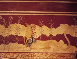 Fresque sur un mur, Salle du Trône, Palais de Minos, Knossos, Crète, Grèce