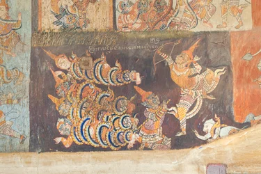 Fresques ornant les murs du Wat Bo représentant des scènes du Reamker, Siem Reap, Cambodge