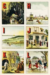 G H I J K L : grotte, Hambourg, île, Japon, Kabylie, lac - Gravure extraite de Alphabet géographique. Guérin-Muller et Cie, éditeurs, Paris