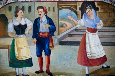 Scène galante avec personnages costumés, peinture sur panneau de bois, artisanat sicilien, Sicile, Italie, Détail