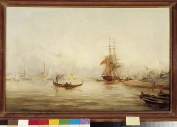 Galions et gondoles dans le bassin (Venise ?) Peinture de Paul Bistagne (1850-1886) 19ème siècle Mention obligatoire : Collection fondation regards de Provence, Marseille