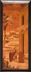 Gênes, Duomo (cathédrale Saint-Laurent), intérieur, abside, chœur, côté nord : "Saint Jean-Baptiste prend congé de sa famille", marqueterie de bois par Vincenzo et Tommaso Garassino (XIXe siècle)