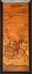 Gênes, Duomo (cathédrale Saint-Laurent), intérieur, abside, chœur, sud : "Saint Georges et le dragon", marqueterie de bois par Vincenzo et Tommaso Garassino (XIXe siècle)