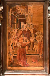 Gênes, Duomo (cathédrale Saint-Laurent), intérieur, presbytère, abside, chœur, côté nord : "La Charité de Saint Laurent", marqueterie de bois par Gian Michele De