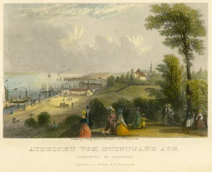 Allemagne, Hambourg, Elbhoehe, vue depuis le Stintfang sur le fleuve Elbe, gravure sur acier colorée à l