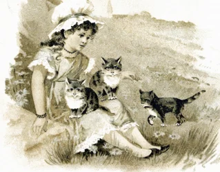 Fille revenant avec des chats sur les genoux. Carte postale vers 1900. Chromolithographie