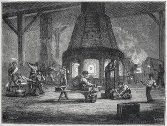 Fabrication de verre dans la seconde moitié du 19e siècle : les enfants travaillent, c. 1880 (gravure)