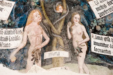 Fresque gothique; Adam et Ève péchant; avec le serpent; 8e cloître; Cathédrale; Brixen; Tyrol du Sud; Italie; Europe