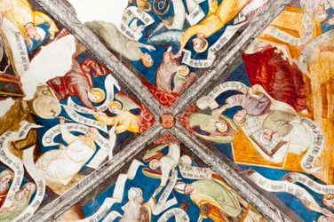 Fresque gothique; louange de la vertu; censure du vice; avec écriture; 10e cloître; Cathédrale; Brixen; Tyrol du Sud; Italie; Europe