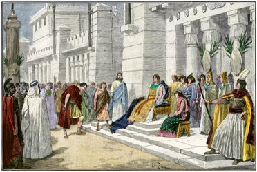 Mythologie grecque et romaine : Didon (ou Élyssa ou Élissa), fondatrice légendaire et première reine de Carthage (Tunisie), reçoit Énée, le héros de la guerre de Troie et fondateur de Lavinium, originaire de Rome (Italie) - Gravure colorisée du 19ème siècl