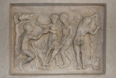 Mythologie grecque : le Jugement de Pâris. Le berger Pâris doit choisir la plus belle des trois déesses entre Aphrodite (Vénus), accompagnée de Cupidon, Héra (Junon) et Athéna (Minerve). Il choisit Aphrodite à qui il offre une pomme d