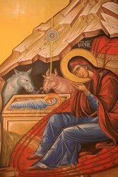 Icône orthodoxe grecque représentant la naissance du Christ