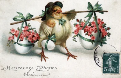 Carte de vœux de Pâques : un poussin portant des œufs remplis de roses - Carte postale datée de 1908