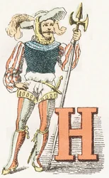 H - Hallebardier - Alphabet Enfantin, Éditions Gordinne 1920 (gravure)