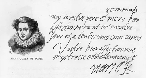 Écriture et signature de Marie Stuart, de la lettre écrite en prison à Sheffield à sa filleule, Elizabeth Pierrepoint