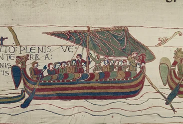 Les navires de Harold sont emportés vers le territoire du comte Guy de Ponthieu, Tapisserie de Bayeux (broderie en laine sur lin)