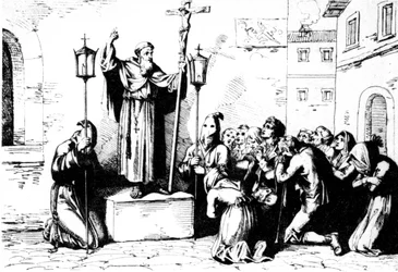 Un frère prêche aux gens sur une place à Rome. Gravure de Bartolomeo Pinelli XIXe siècle