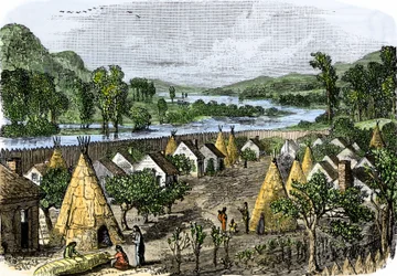 Histoire des peuples autochtones : Village Mohawk, New York, vers 1780. Gravure colorée du 19ème siècle.