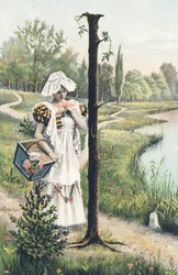 I : Une femme debout en robe, tablier et coiffe tient un panier sur son bras droit. Décor champêtre - Alphabet personnages Ref Th. E., L. Theochrom - Série 994. Theodor Eisman, éditeur, Leipzig