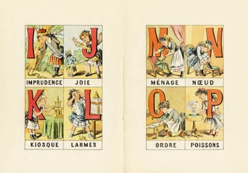 I : Imprudence ; J : Joie ; K : Kiosque ; L : Larmes ; M N O P : Ménage, Nœud, Ordre, Poissons - Gravure extraite de ABCD des petites filles. Pellerin & Cie, imprimeur-éditeur, Epinal, vers 1890. Série A.