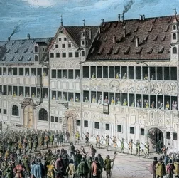 Devant la maison Fugger sur le Weinmarkt dans la ville d