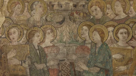 Intérieur. Croisée nord. Autel (Autel des peintures murales). Original de la chapelle principale. Peintures murales (fresque?). Détail. Fin XIVe siècle.