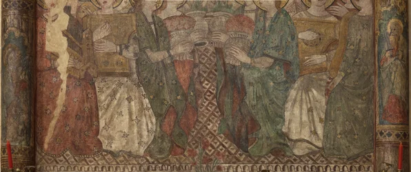 Intérieur. Croisée nord. Autel (Autel des peintures murales). Original de la chapelle principale. Peintures murales (fresque ?). Détail. Fin 14ème siècle