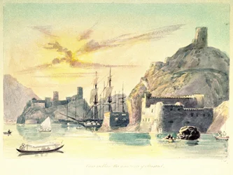 Vue intérieure du port de Mascate (Oman), avec description des bâtiments fortifiés et des navires amarrés. Lt-Col. Charles Hamilton Smith (1776-1859)