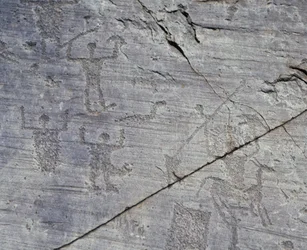 Italie, Région de Lombardie, Valcamonica, Gros plan sur les dessins rupestres du Parc National de Naquane