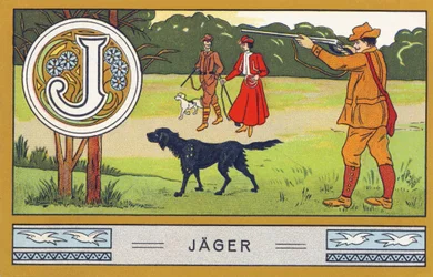 J : Jäger - Alphabet Palmin. Série de chromolithographies éditées par H. Schlinck & Cie, Hambourg, s. d. Publicité pour Palmin feinstes Cocosfett. Dimensions : 7 x 11 cm