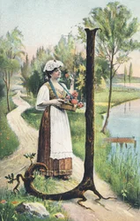 J : Une femme debout en jupe longue, tablier et corsage porte une corbeille de fleurs. Décor champêtre - Alphabet personnages Ref Th. E., L. Theochrom - Série 994. Theodor Eisman, éditeur, Leipzig