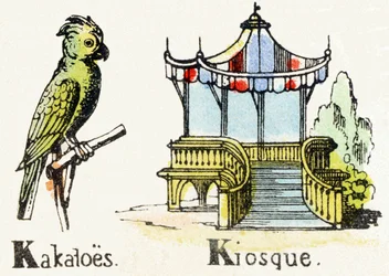 K - kiosque du cacatoès - Alphabet de divertissement pour enfants, vers 1890