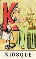 K : Kiosque - Gravure extraite de ABCD des petites filles. Pellerin & Cie, imprimeur-éditeur, Epinal, vers 1890. Série A.