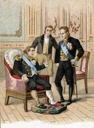 Le roi de France Louis XVIII (1755-1824) très malade disant "le roi peut mourir, il ne doit pas être malade" à Joseph de Villèle en août 1824. 19ème siècle (chromolithographie)