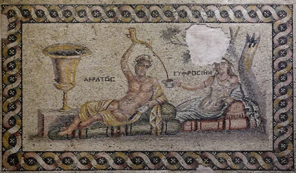 Kratos (Cratos) et Euphrosyne (Euthymia) - Mosaïque, Musée de la mosaïque de Zeugma, Gaziantep